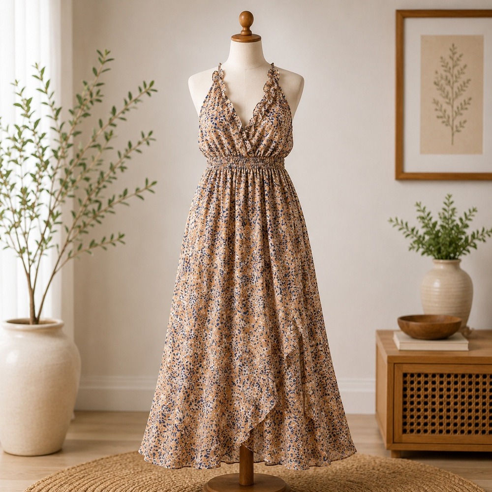 NWT Socialite Maxi Dress Womens Small Caramel Navy Abstract Animal Print V-Neck